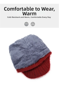 Close-up of red knit hat with warm gray fleece lining and durable visor for winter comfort