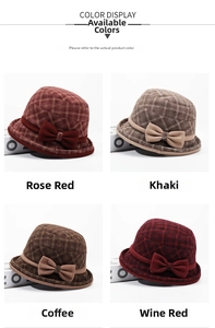 Detailed view of plaid dome bucket hats with bow accents in four color options