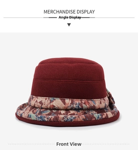 Detail view of wine red winter hat for elderly women with floral print brim trim