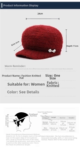 Size chart showing width 24cm and brim 6cm for winter knitted peak hat for women