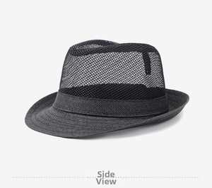 Detail of breathable black mesh hollow crown and classic straw weave brim on fedora hat