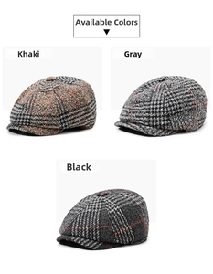 Three colors of vintage newsboy caps featuring khaki, grey, and black plaid patterns