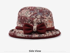 Side view of elegant burgundy floral bucket hat for elderly women with bow detail