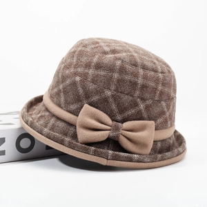 French vintage brown plaid wool cloche hat for women with bowknot and rolled brim detail