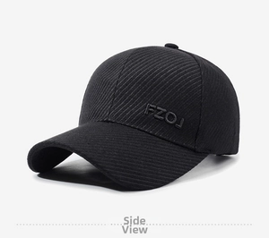 Detail of black wool baseball cap with 3D FZOJ embroidery and thick textured fabric