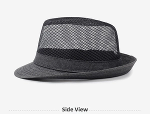 Side view of black mesh breathable fedora hat for men with cooling ventilation texture