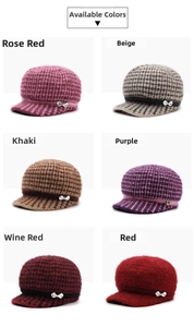 Detailed grid view of six warm winter knit beret hats for elderly women with metal bow