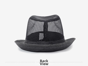 Rear view of black breathable mesh fedora hat showing lightweight ventilated design