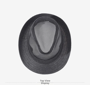 Top view detail of a breathable black mesh sun hat with reinforced brim stitching for men