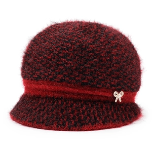 Winter knit bucket hat for elderly women with red-black fuzzy texture and pearl bow detail