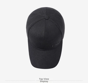Top view of black wool baseball cap with FZOU embroidery and warm ear protection flaps