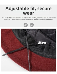 Detail of adjustable inner drawstring and quilted lining on burgundy winter basin hat