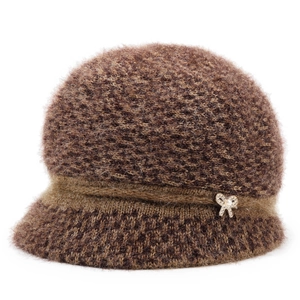 Winter knitted plush bucket hat for elderly women with bow pin and pearl detail