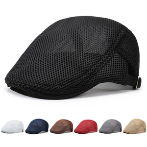 Detail view of breathable mesh texture and adjustable metal buckle on summer flat cap