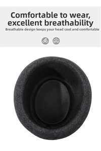 Detail of the breathable woven texture and inner structure of a classic black fedora hat