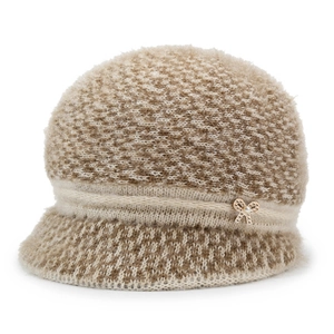 Winter knit warm hat for elderly women with fluffy texture and pearl butterfly detail