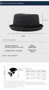 Detailed size chart for the grey wool fedora hat with depth and width measurements