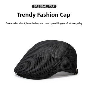 Detail of breathable black mesh flat cap with adjustable metal buckle for summer