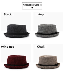 Color selection of plaid fedora hats in black, grey, burgundy, and khaki with band details