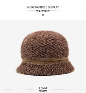 Close-up of brown knitted fisherman hat for elderly women with textured wool and decorative band