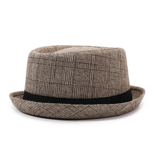 Classic plaid fedora hat with brown checkered pattern and black ribbon band