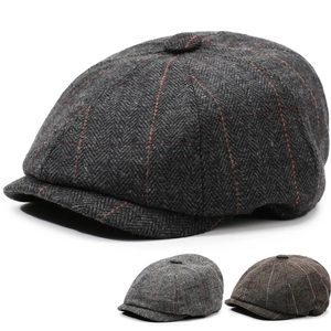 British style herringbone newsboy cap in three colors featuring vintage plaid wool blend