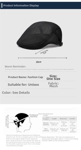 Size chart and measurement guide for breathable mesh flat cap with unisex fit details