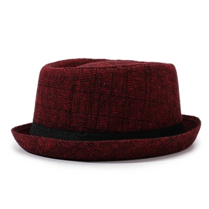 Retro red and black plaid pork pie hat with black ribbon band for men and women
