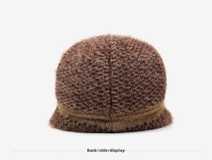 Back view of a thick knit plush bucket hat for elderly women with brown trim finish