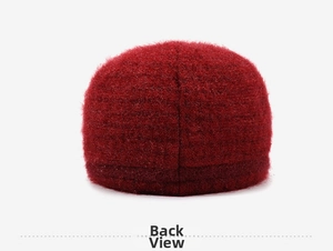 Back view of a dark red winter knit hat for elderly women showing warm fuzzy texture