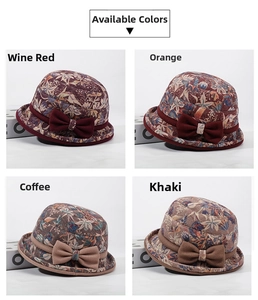 Detail view of winter floral bucket hats in four colors with decorative bow accents