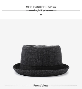 Front view of grey plaid fedora hat with a textured knit finish and black decorative band