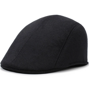 Classic black wool blend flat cap for men featuring a structured brim and minimalist design