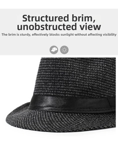 Detail of a dark grey fedora showing its stiff brim and textured wool fabric structure