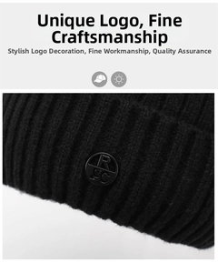 Detailed close-up of ribbed knit fabric and metallic brand logo on a black winter beanie