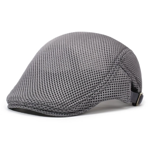Grey breathable mesh beret flat cap for men and women with adjustable metal buckle strap