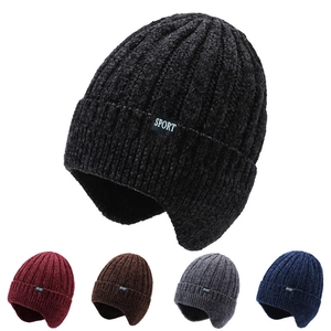 Men Winter Warm Knit Ear Protection Hat Polyester Chenille Ribbed Beanie With Sport Label Windproof Thermal Fleece Lined Cycling Skull Cap