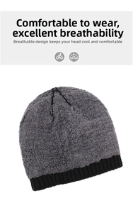Close-up of gray knit beanie with breathable textured fleece and ribbed black hem