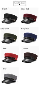 Casquette militaire avec visière en cuir montrée en noir, bordeaux, marine et kaki