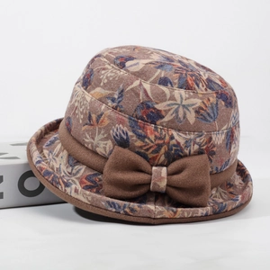 Winter floral wool cloche hat for middle-aged women with elegant bow accent