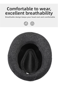 Detail view of breathable interior lining and comfortable black sweatband of jazz hat