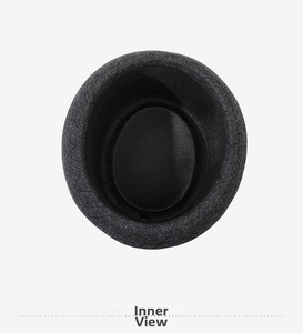 Detailed interior view of a gray vintage fedora showing smooth black lining and stitching