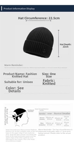 Size chart for knit beanie showing dimensions of 22.5cm width and 22cm depth for men and women