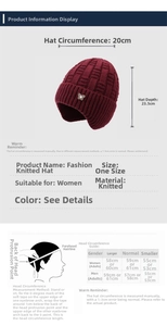 Size chart for women's knit hat showing dimensions and head circumference measuring guide