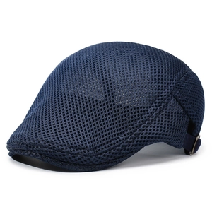Navy blue breathable mesh beret cap with adjustable metal buckle for outdoor sun protection