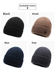 Four color options of winter knit beanies showing texture details and metal logo patch