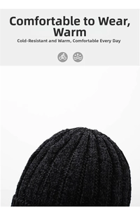 Detail of black chenille knit beanie showing thick vertical ribbed texture and warm fabric