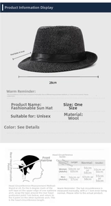 Size chart for black felt jazz hat with 4.5cm brim and detailed head circumference guide