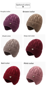 Detailed view showing six colors of thermal knit earflap hats with bow and pearl accents