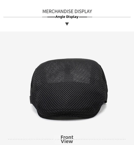 Front view of a breathable black mesh flat cap featuring lightweight summer fabric